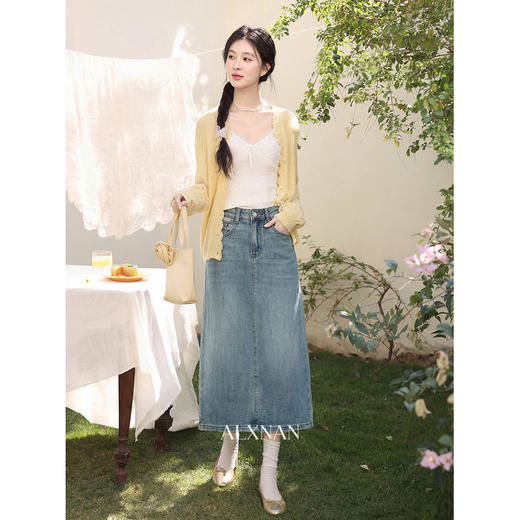 鹿向南「枫屿浅序」蓝色半身裙女夏季新款高腰显瘦休闲A字中长裙 商品图4