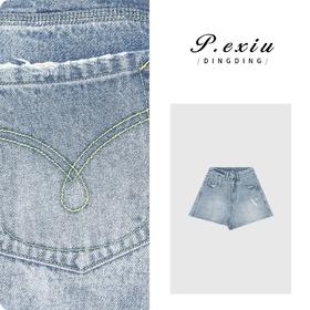 04-3潘依绣丁丁宠粉潘依绣 夏日氛围感韩系水洗磨破百搭牛仔短裤 D6507