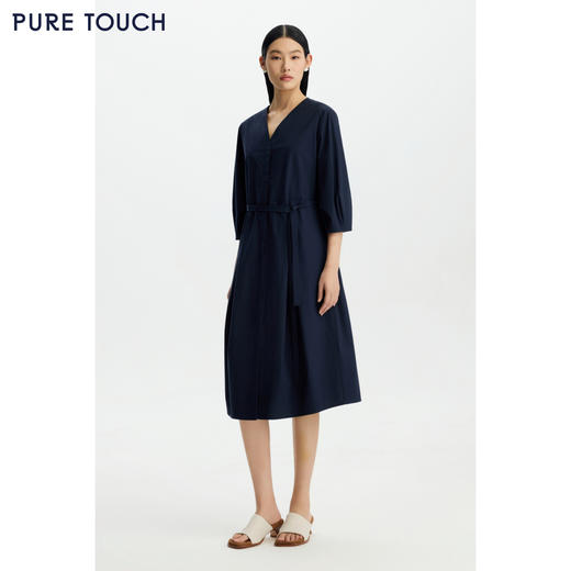 PURE TOUCH女装 26春夏新款V领纯棉连衣裙七分袖衬衫裙过膝中长裙 商品图4