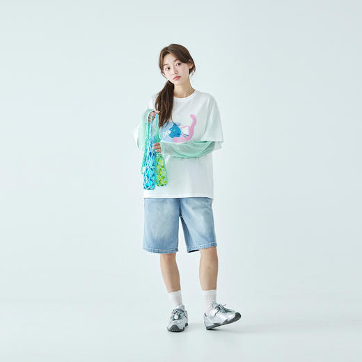 棵初26年夏季新款女童猫咪印花假两件拼色T恤凉感7A抗菌防晒上衣 商品图4