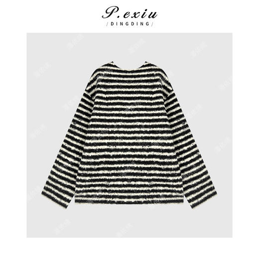 04-4潘依绣丁丁宠粉圈圈纱宽松慵懒减龄条纹撞色V领长袖上衣 WH00380 商品图2