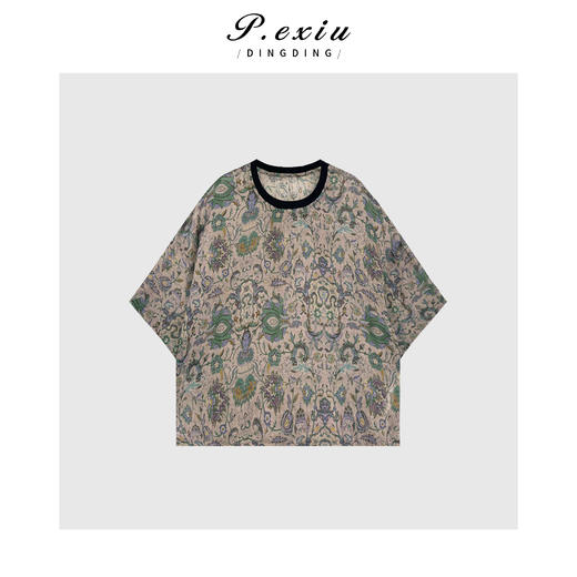 04-3潘依绣丁丁宠粉100%苎麻民族风文艺印花薄款短袖T恤 W-63157 商品图0