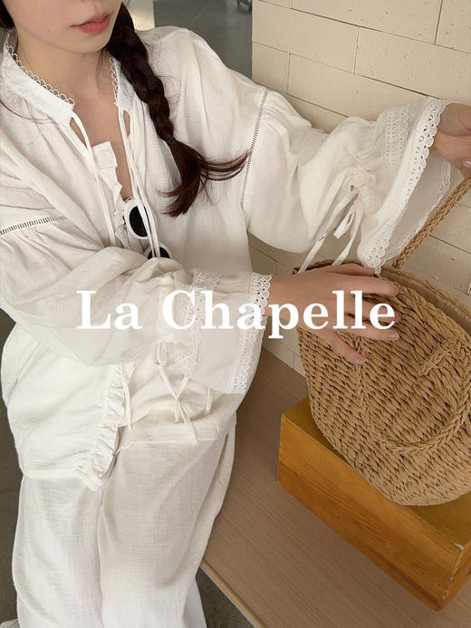 专柜实拍【温柔老钱感！】拉夏贝尔/La Chapelle法式镂空花边暗扣系带设计全棉长袖衬衫韩系小众上衣女 商品图2