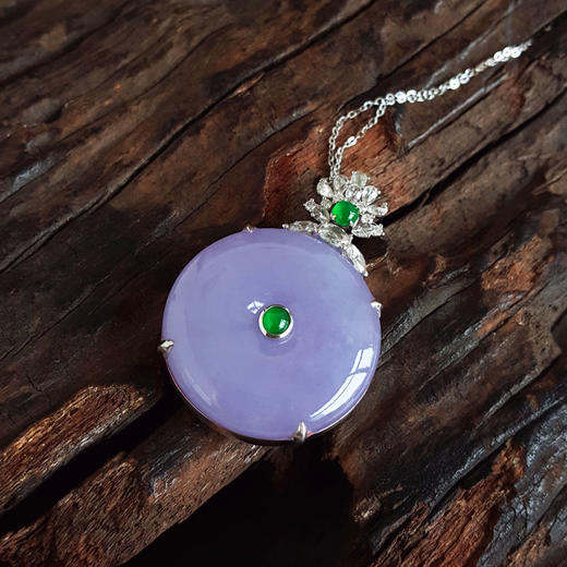 【天然正品】A货翡翠AU750收藏级白金镶钻镶天然细腻糯种浓紫罗兰平安扣翡翠吊坠项链010426NJT02 商品图4