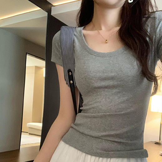 【显身材！透气舒适】辣妹正肩U领短袖T恤女春夏南油新款韩系修身小心机女装打底衫。xb 商品图2