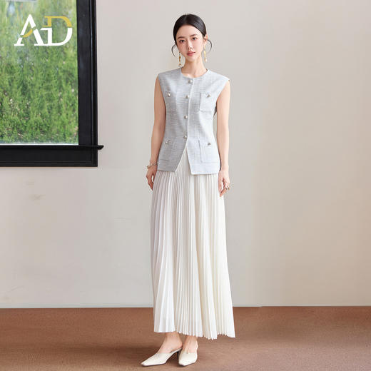 AD小香风套装女夏2026新款轻奢高级感洋气马甲白色压褶裙子两件套 商品图1