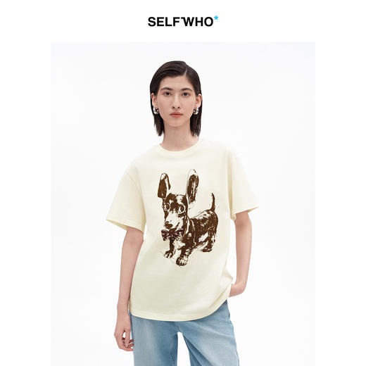 SELFWHO纯棉腊肠犬小狗图案T恤女2026夏新款圆领落肩通勤短袖上衣 商品图0