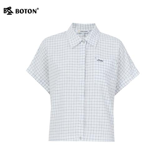 波顿女士夏季梭织 | 宽松翻领 | 全开襟 | 婀娜袖 | 格纹短袖衬衫LS155226 商品图5