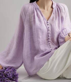 被问爆的温柔紫!!【LONGNVFAIR亚麻V领飘带花苞袖衬衫】这件花苞袖衬衫把春天穿在身上，微透亚麻料太绝了!!