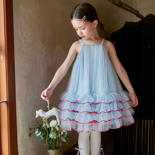 【清凉透气！甜美亮眼】女童蓝色连衣裙2026夏季宝宝甜美沙滩公主裙儿童吊带蓬蓬礼服纱裙。xb 商品图0