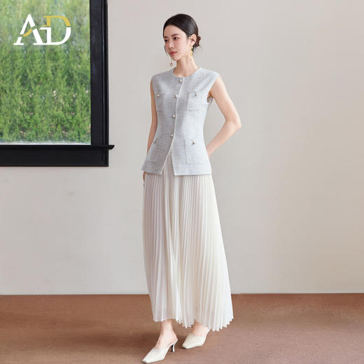 AD小香风套装女夏2026新款轻奢高级感洋气马甲白色压褶裙子两件套 商品图4