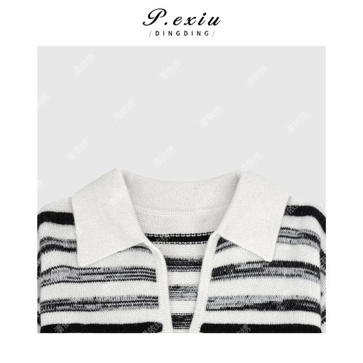 04-3潘依绣丁丁宠粉100%绵羊毛松弛撞色条纹POLO领短袖针织上衣Q98561 商品图2