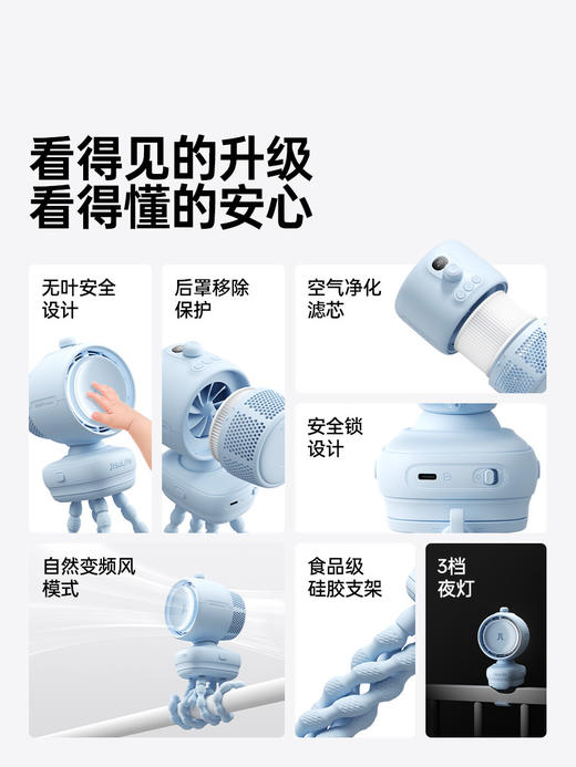 26新品】几素高速节能婴儿车小风扇八爪鱼无叶可摇头净化充电夹子便携式户外桌面儿童宝宝推车床防夹手life3 商品图4