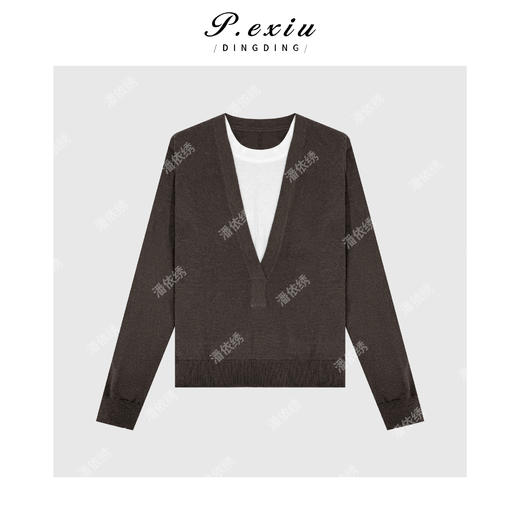 04-4潘依绣丁丁宠粉桑蚕丝羊毛假两件撞色V领长袖针织上衣 ZZ1001 商品图0