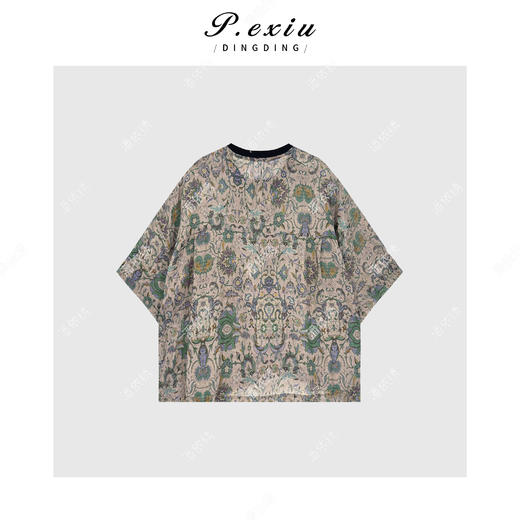 04-3潘依绣丁丁宠粉100%苎麻民族风文艺印花薄款短袖T恤 W-63157 商品图1