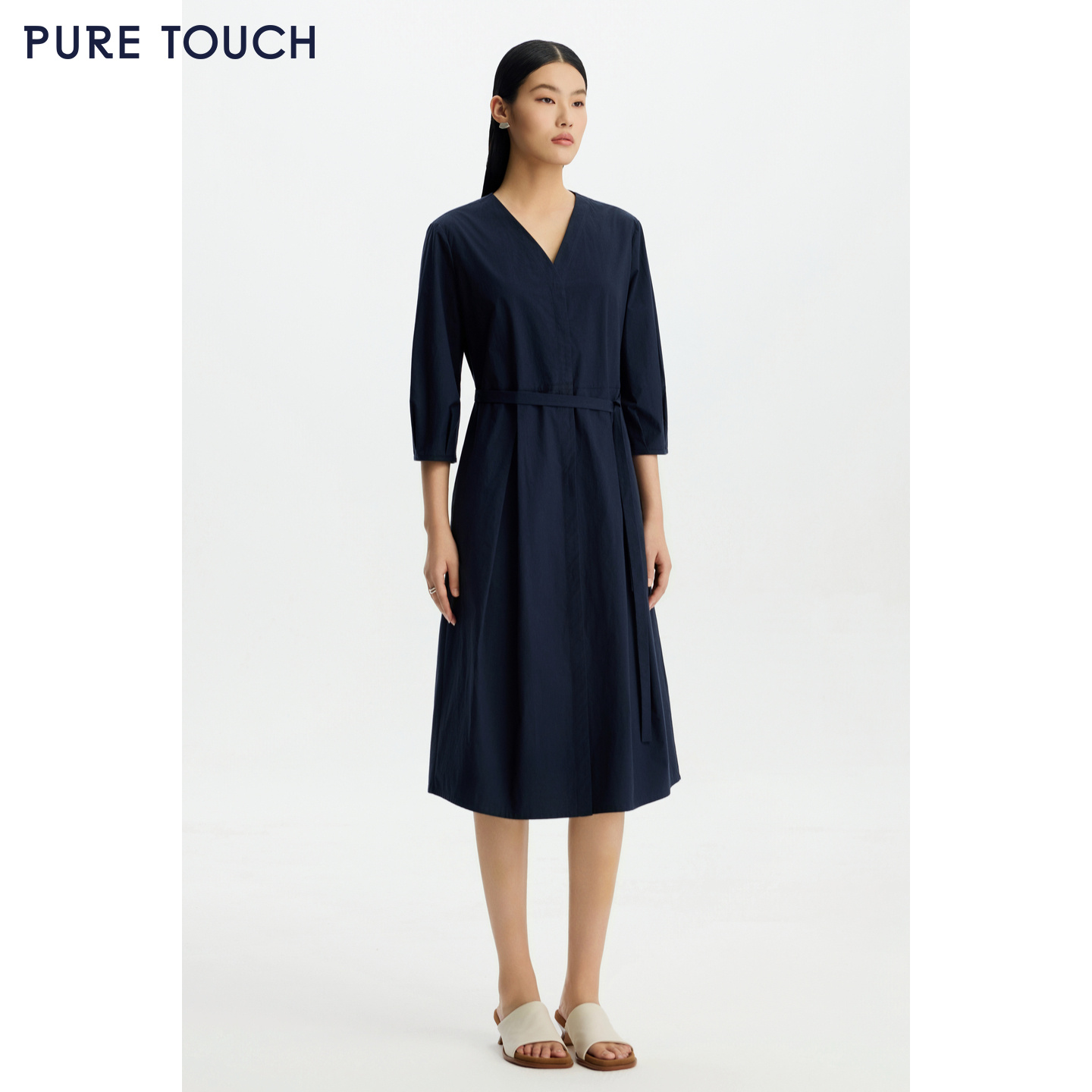 PURE TOUCH女装 26春夏新款V领纯棉连衣裙七分袖衬衫裙过膝中长裙