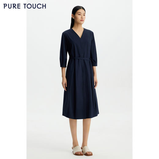 PURE TOUCH女装 26春夏新款V领纯棉连衣裙七分袖衬衫裙过膝中长裙 商品图0