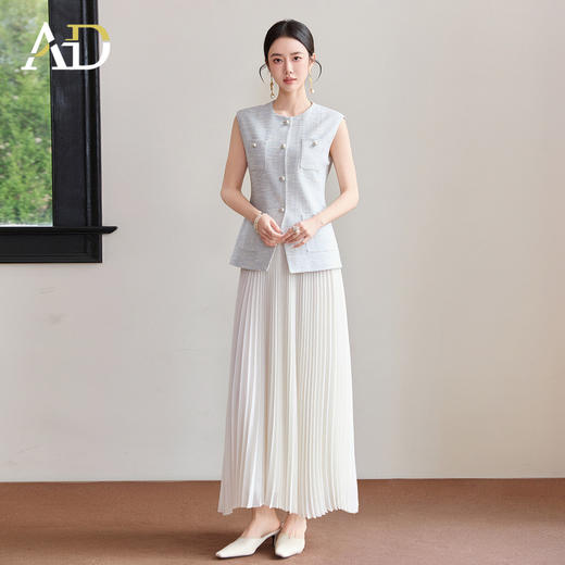 AD小香风套装女夏2026新款轻奢高级感洋气马甲白色压褶裙子两件套 商品图0