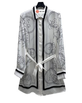 女款丝质印花腰带衬衣裙ba