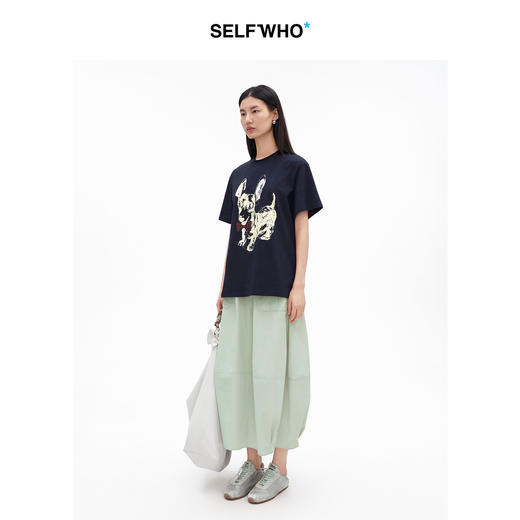 SELFWHO纯棉腊肠犬小狗图案短袖T恤女2026夏新款宽松圆领通勤上衣 商品图1