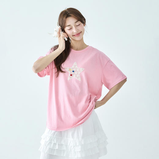 棵初26年夏新款亲子中大女童胸前镂空幸运星短袖轻薄针织宽松T恤 商品图3