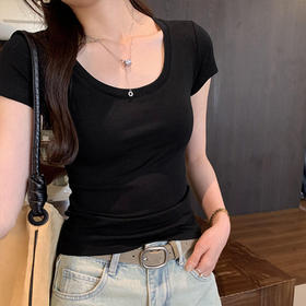 【显身材！透气舒适】辣妹正肩U领短袖T恤女春夏南油新款韩系修身小心机女装打底衫。xb