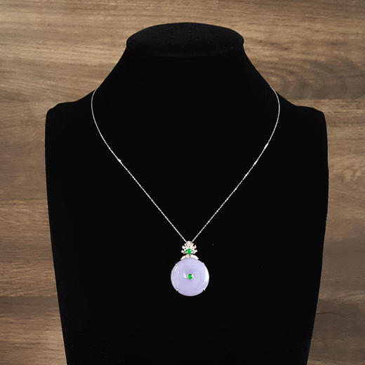 【天然正品】A货翡翠AU750收藏级白金镶钻镶天然细腻糯种浓紫罗兰平安扣翡翠吊坠项链010426NJT02 商品图8