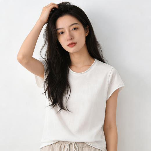 3-7天发货【QINGFAN雪花复古短袖】雪花肌理面料 软糯亲肤 自带高级松弛感 修饰脸型小U领 不规则卷边设计 复古感满满MWX 商品图7