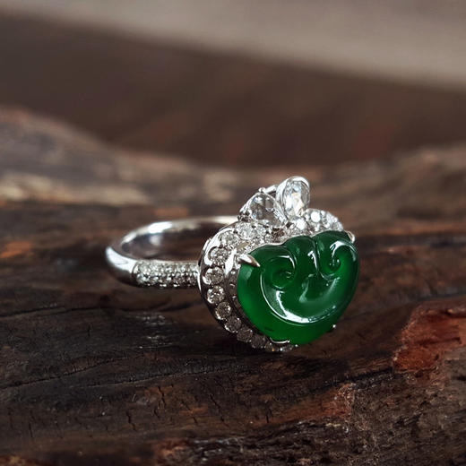 【天然正品】A货翡翠AU750白金镶钻镶天然细腻冰种满绿如意（万事如意）翡翠戒指 8号（戒圈可改）250326NJM40 商品图4