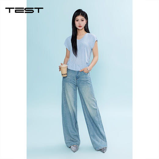 夏上新韩系松弛感浅蓝色侧抽绳V领短袖针织1262070 商品图1