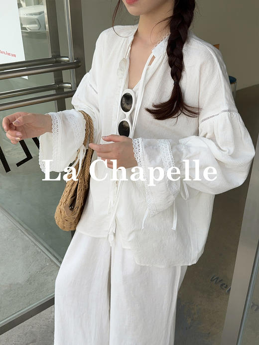 专柜实拍【温柔老钱感！】拉夏贝尔/La Chapelle法式镂空花边暗扣系带设计全棉长袖衬衫韩系小众上衣女 商品图3