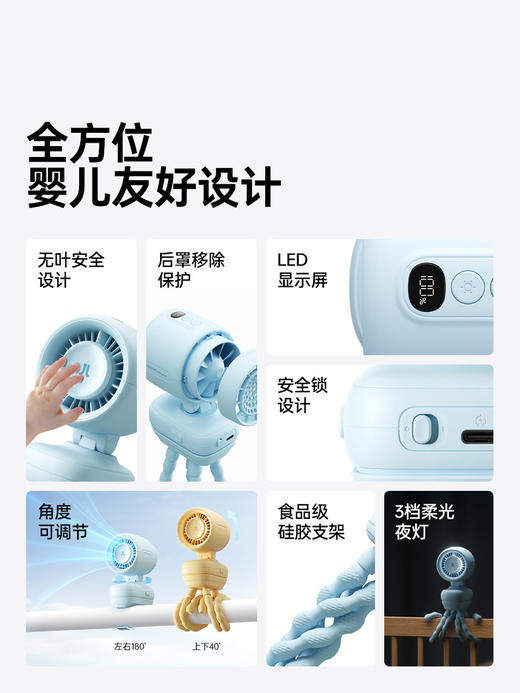 26新品】几素高速节能婴儿车小风扇八爪鱼无叶可摇头充电夹子便携式户外桌面儿童宝宝推车婴儿床防夹手life4 商品图4