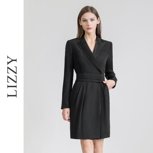LIZZY 气质知性OL范缎面西装领不对称手工流苏边连衣裙（配腰带）7413 商品图3