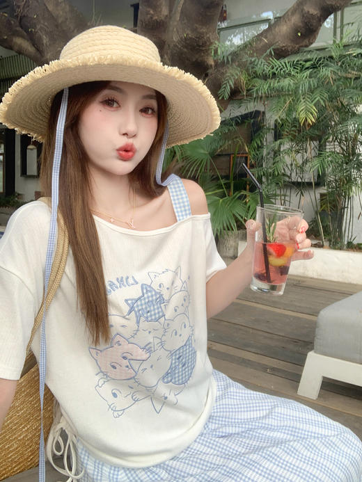 <曾小咸推荐>4.13现货秒杀 ！微信超特价！韩系斜肩刺绣小猫短袖 日常139.99 立减80 秒杀59.99！！ 商品图11