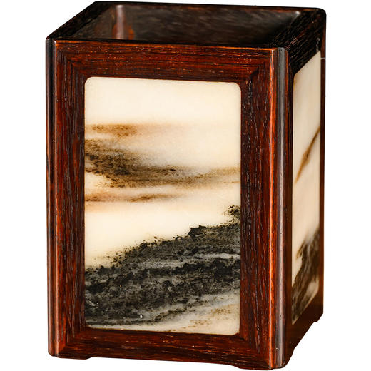 二十世纪	黄花梨镶云石方形笔筒 商品图5