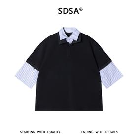 SDSA男装2026新款高贵轻奢假两件条纹拼接翻领小众设计感宽松短袖
