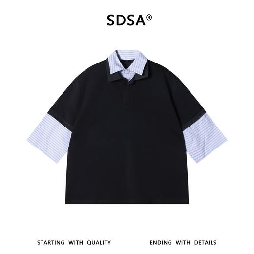 SDSA男装2026新款高贵轻奢假两件条纹拼接翻领小众设计感宽松短袖 商品图0