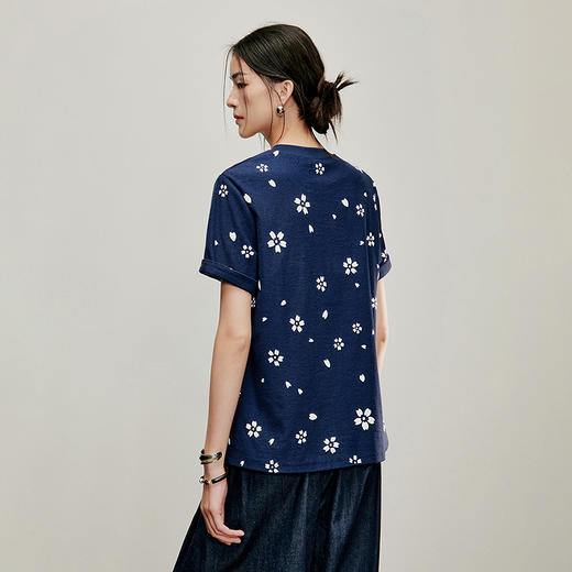 【林栖设计小店】落樱如画|藏青色纯棉复古传统印花夏新款T恤短袖1962085 商品图3
