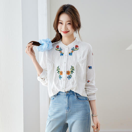 刺绣长袖全棉衬衫，轻奢减龄好看镂空立领上衣CC6223 商品图2