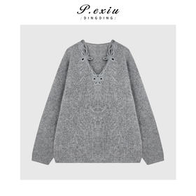 04-4潘依绣丁丁宠粉羊毛法式慵懒风镂空花边V领针织长袖上衣Q64782