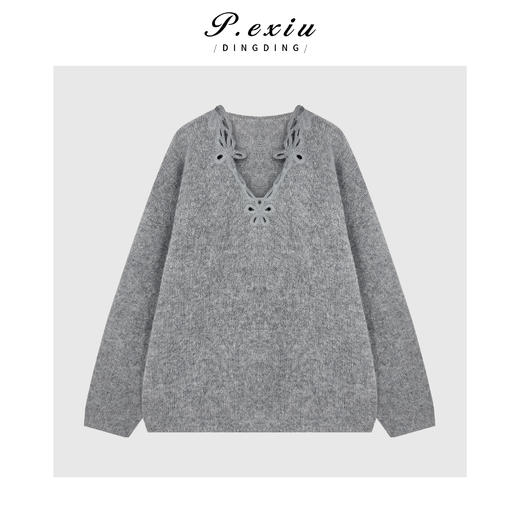 04-4潘依绣丁丁宠粉羊毛法式慵懒风镂空花边V领针织长袖上衣Q64782 商品图0