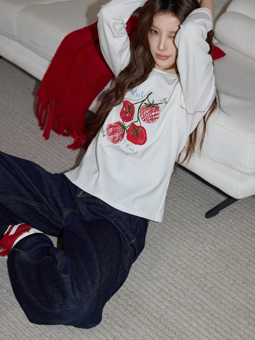 好事发生刺绣撞色明线纯棉长袖T恤 商品图7