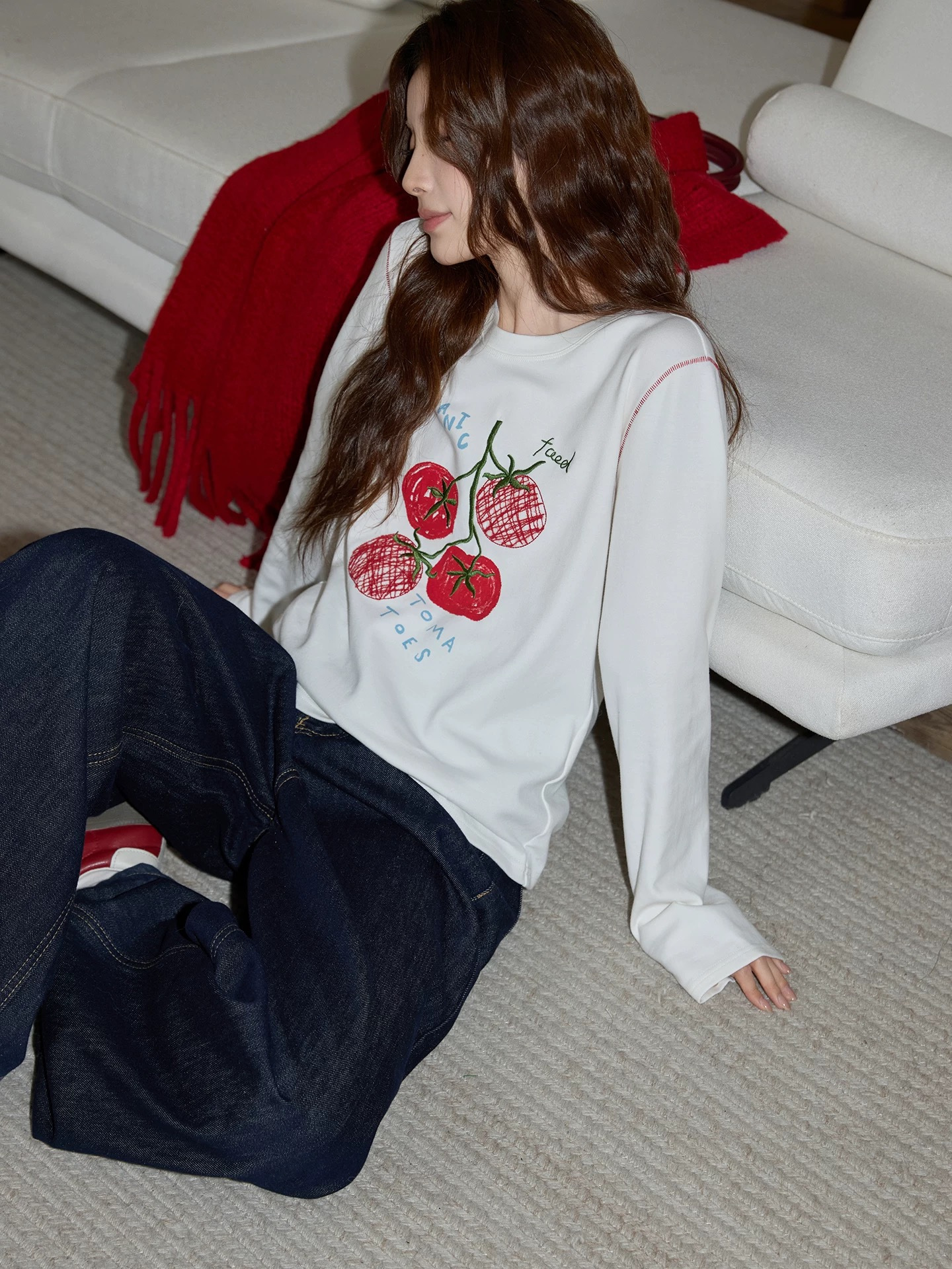 好事发生刺绣撞色明线纯棉长袖T恤