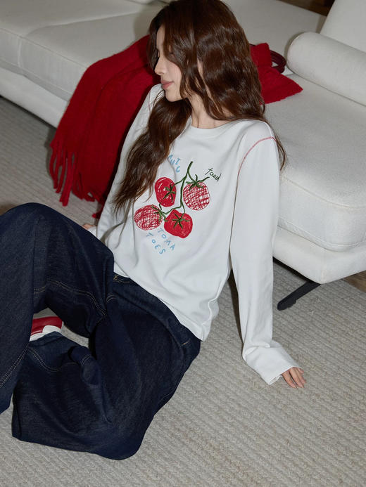 好事发生刺绣撞色明线纯棉长袖T恤 商品图0