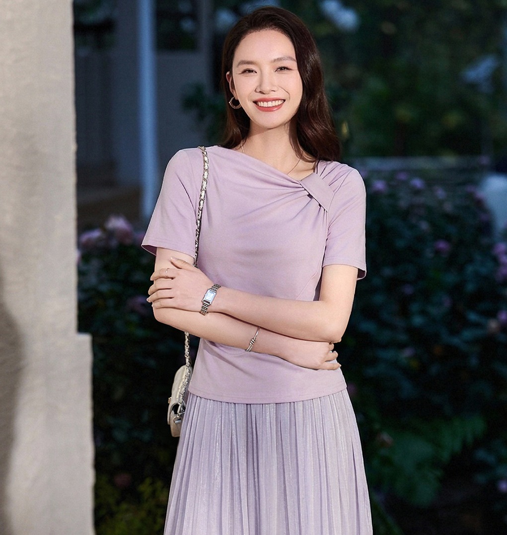 【预售7天】米思阳2026夏季新款设计感荡领优雅通勤风T恤百搭休闲上衣女1654