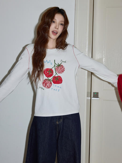 好事发生刺绣撞色明线纯棉长袖T恤 商品图6