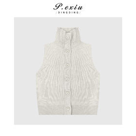 04-4潘依绣丁丁宠粉浣熊绒羊毛叠穿单排扣软糯立领无袖针织开衫Q60148