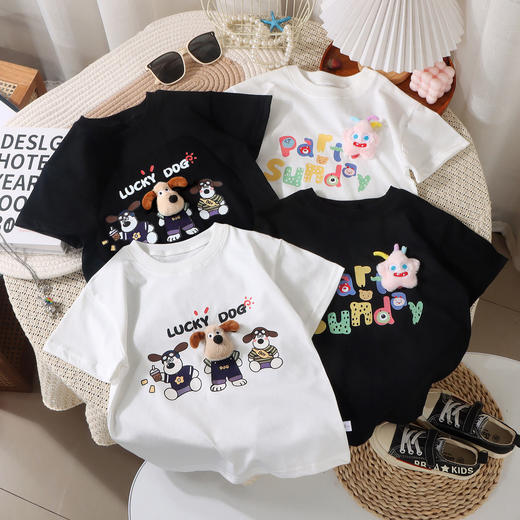 【萌卡玩偶元素！潮流吸睛】夏季新款玩偶潮流短袖韩版休闲萌卡儿童t恤圆领设计时尚休闲。xb 商品图0