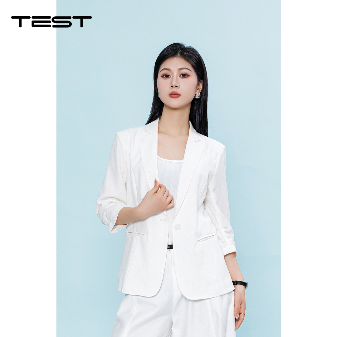 夏上新高级感通勤白色亚麻七分袖小西装2262012