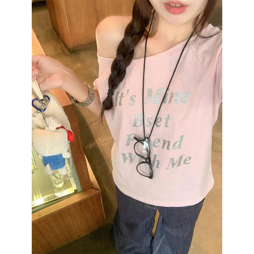 <曾小咸推荐>4.15现货秒杀 ！微信超特价！韩系印花斜肩短袖t恤 日常129.99 立减70 秒杀59.99！！ 商品图2